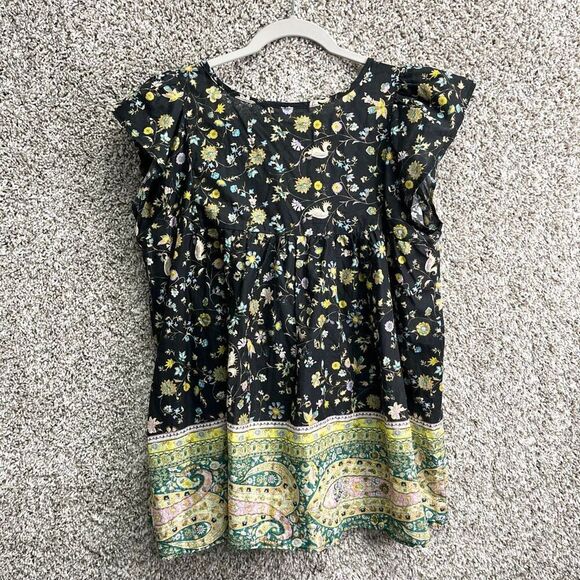 Self Contrast Top Women’s M Black and Yellow Patterned Short Sleeve Blouse - Picture 4 of 5